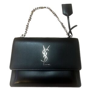 Yves Saint Laurent Black Leather Shoulder Bag with Silver Chain